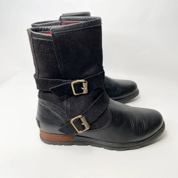SorelMajor Moto Boot, Black, Buffalo Plaid Liner #NL2432-010 Sz. 7.5